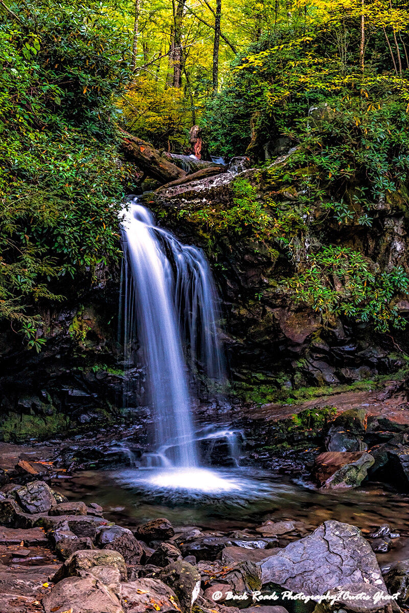It is a pleasant hike up to Grotto Falls from the Roaring Fork Trail in the Great Smoky Mountain National Park in Tennessee.