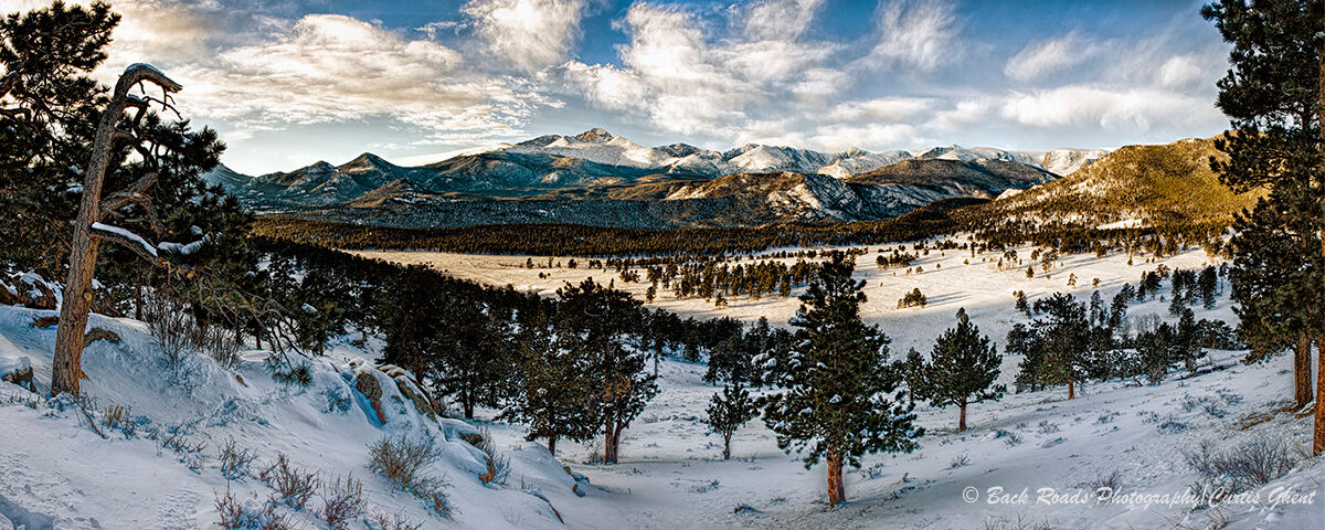panorama, longs peak, rocky mountain national park, winter, sunrise