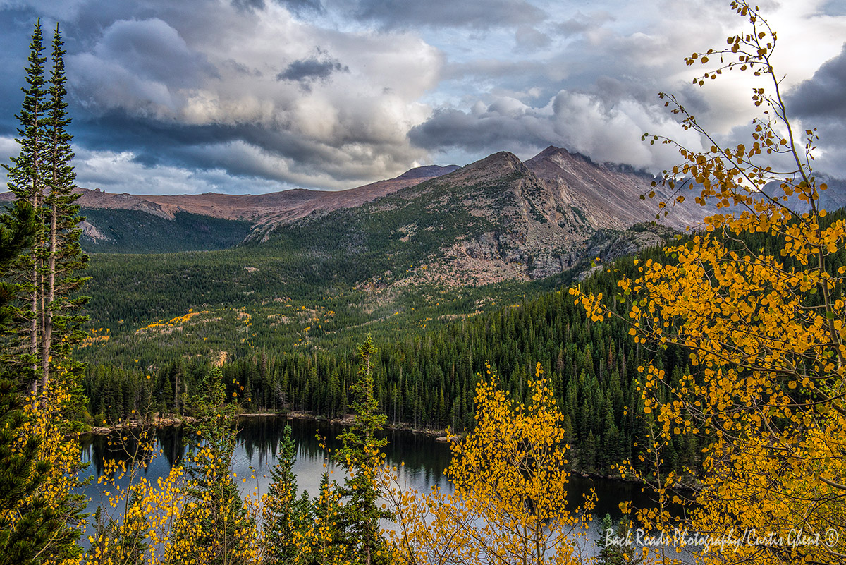 High above Bear Lake sunset clouds roll in on a fall evening.